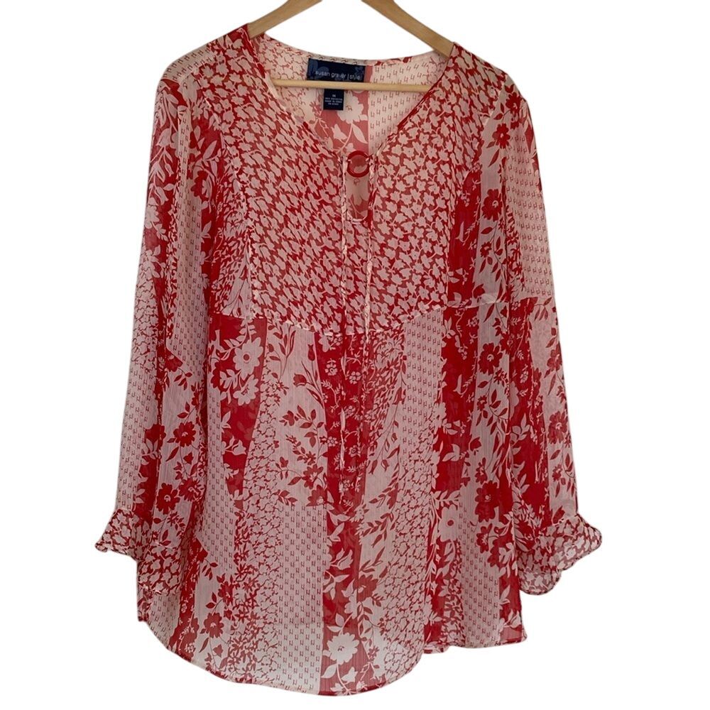 Susan Bristol Womens Popover Blouse 1X Red White Sheer Long Sleeve Red White